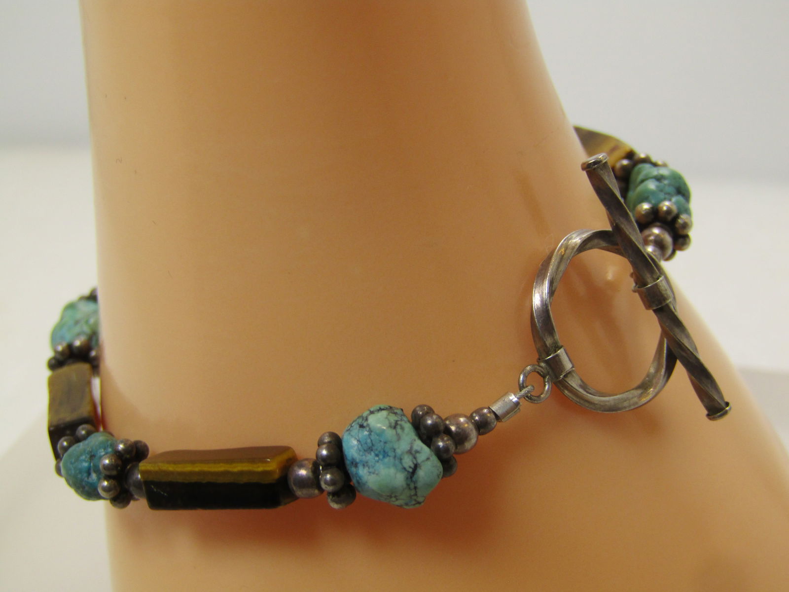 Vintage Sterling Southwestern Turquoise Tiger's Eye Bracelet, 7", Toggle Clasp, 1980's-1990's - 2