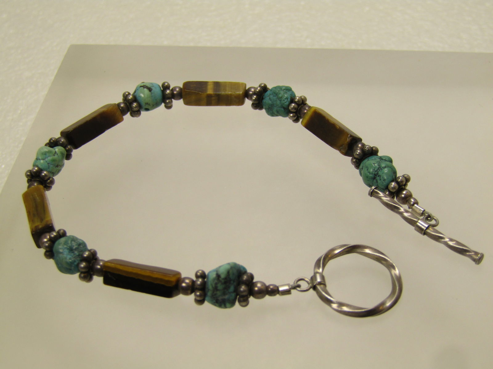 Vintage Sterling Southwestern Turquoise Tiger's Eye Bracelet, 7", Toggle Clasp, 1980's-1990's - 3