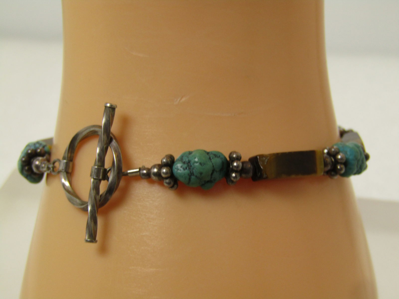 Vintage Sterling Southwestern Turquoise Tiger's Eye Bracelet, 7", Toggle Clasp, 1980's-1990's - 6