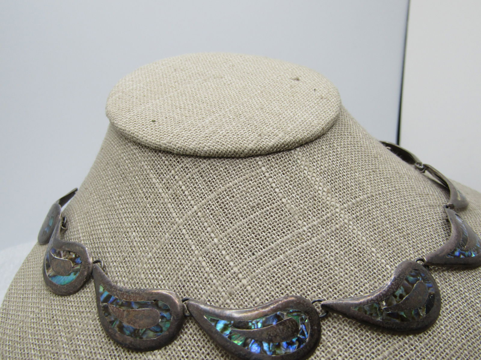 Vintage Sterling Mexican Abalone Necklace, 1940's-1950's, 15", Taxco, Signed - 2