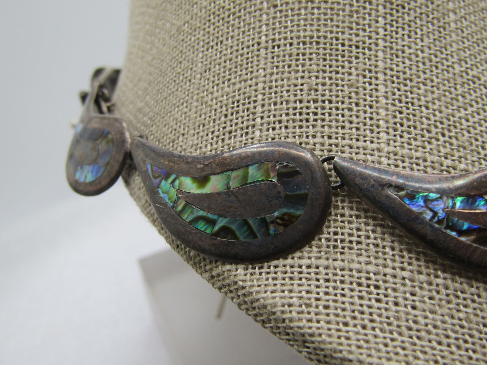 Vintage Sterling Mexican Abalone Necklace, 1940's-1950's, 15", Taxco, Signed - 3
