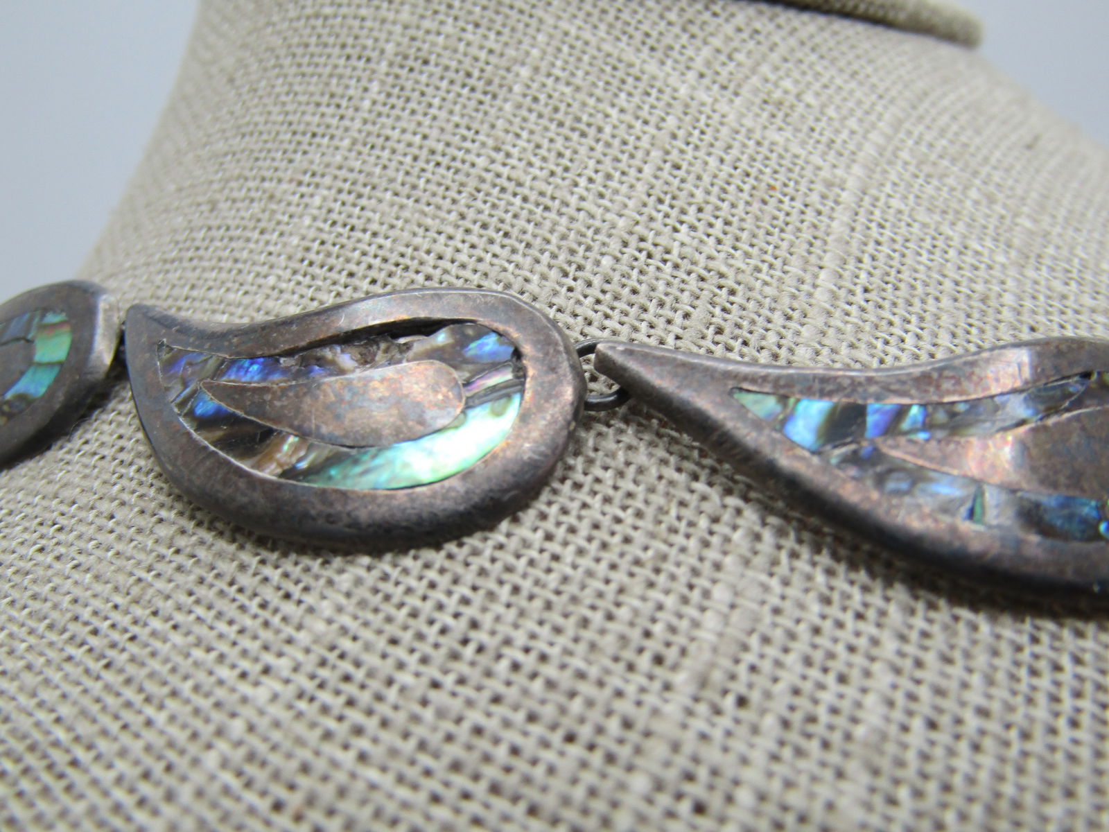 Vintage Sterling Mexican Abalone Necklace, 1940's-1950's, 15", Taxco, Signed - 4