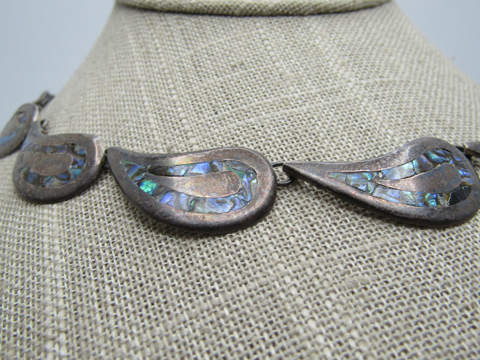Vintage Sterling Mexican Abalone Necklace, 1940's-1950's, 15", Taxco, Signed - 5