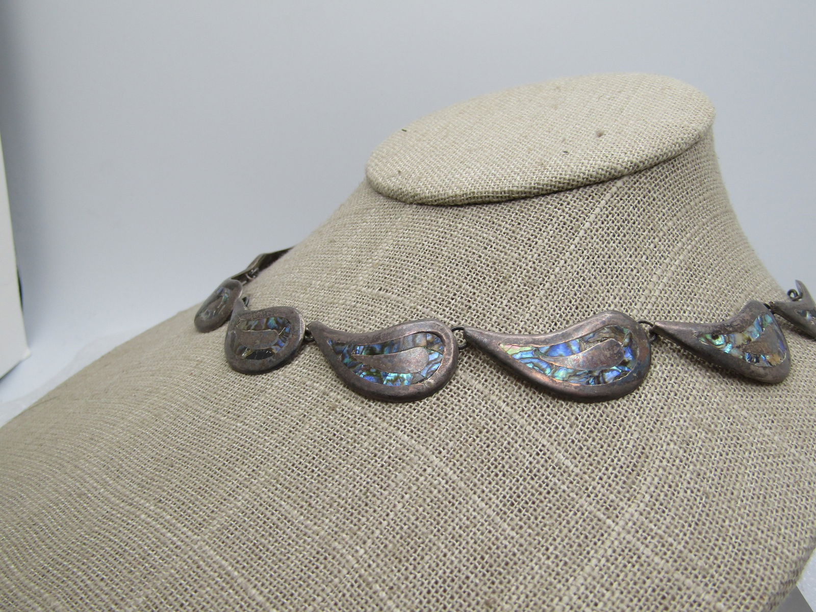 Vintage Sterling Mexican Abalone Necklace, 1940's-1950's, 15", Taxco, Signed - 6