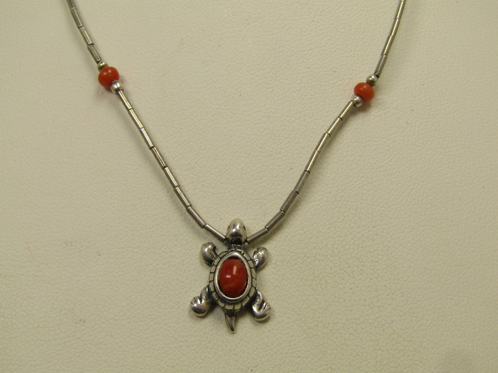 Vintage Sterling Southwestern Turquoise Necklace with Coral, 15" 1980's-1980's - 2