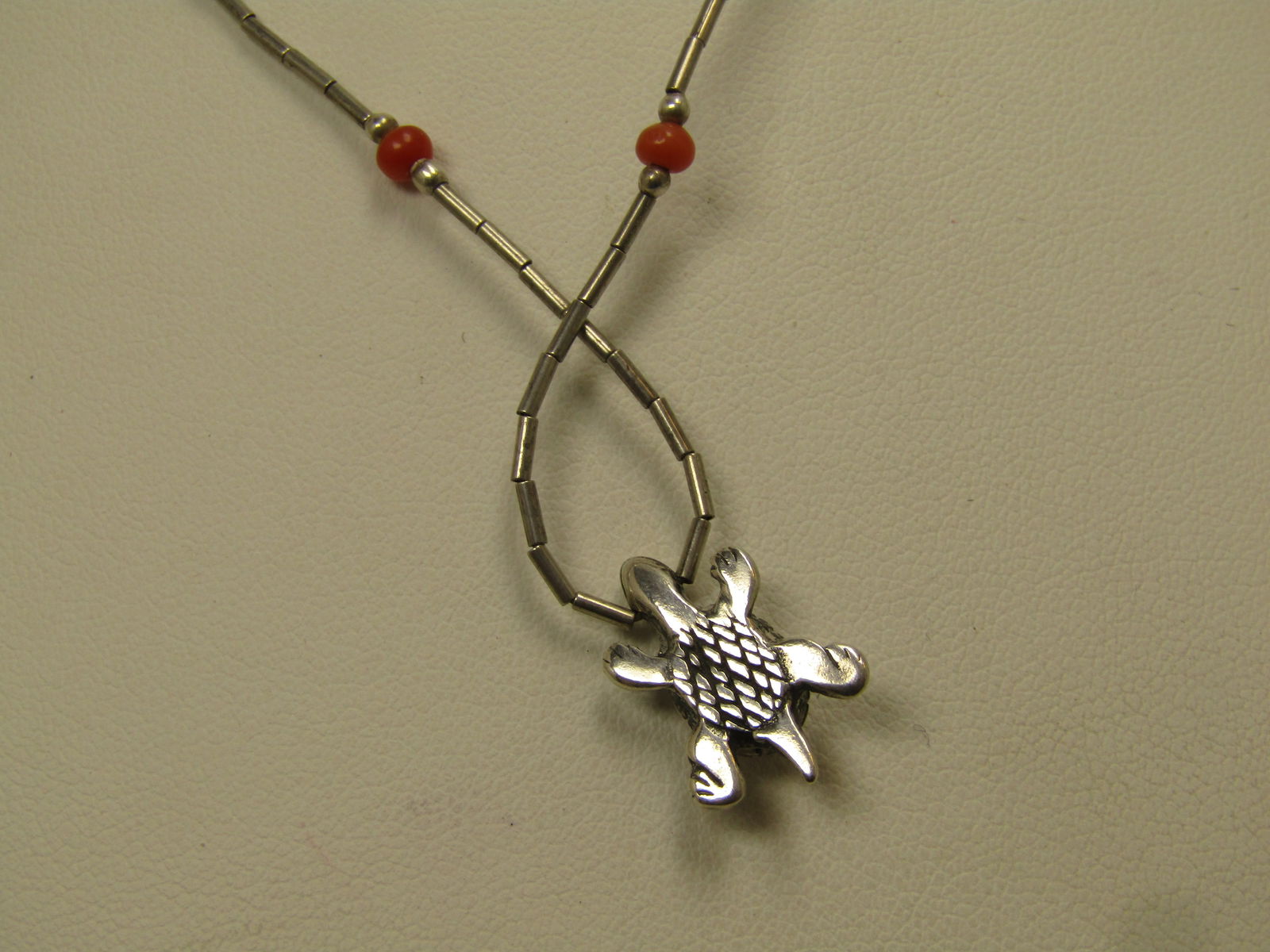 Vintage Sterling Southwestern Turquoise Necklace with Coral, 15" 1980's-1980's - 3