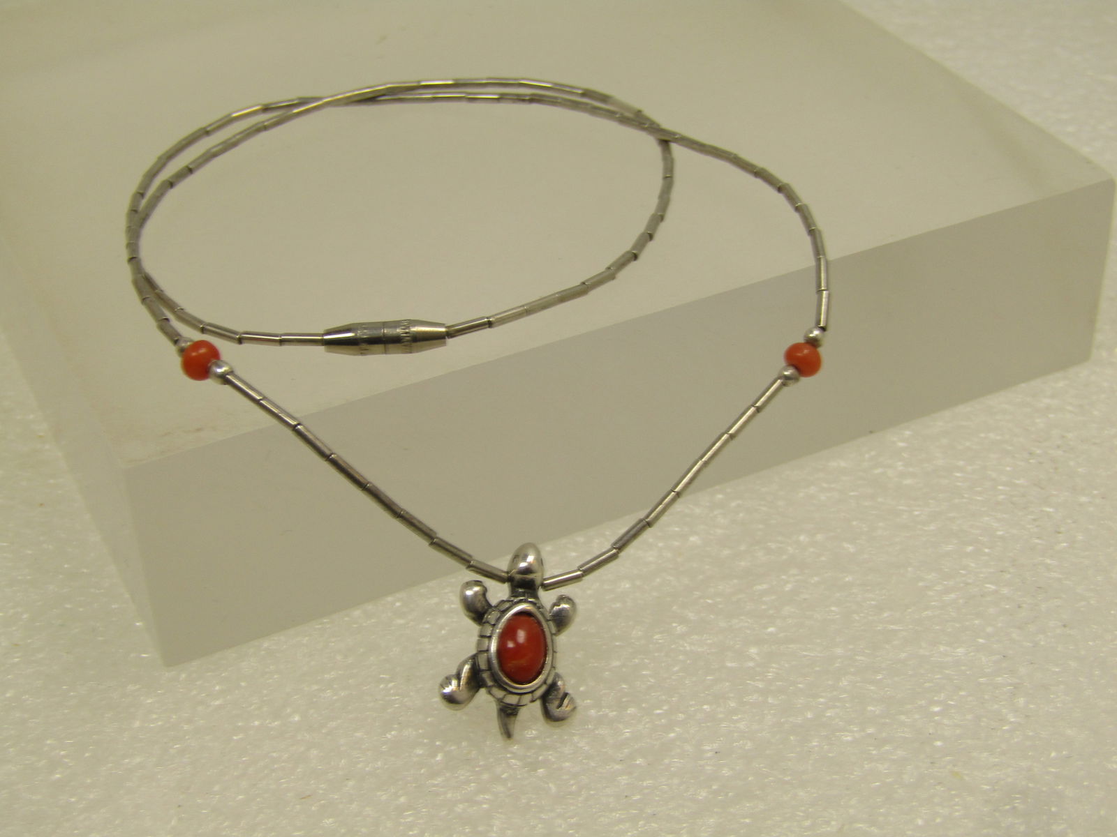 Vintage Sterling Southwestern Turquoise Necklace with Coral, 15" 1980's-1980's - 4