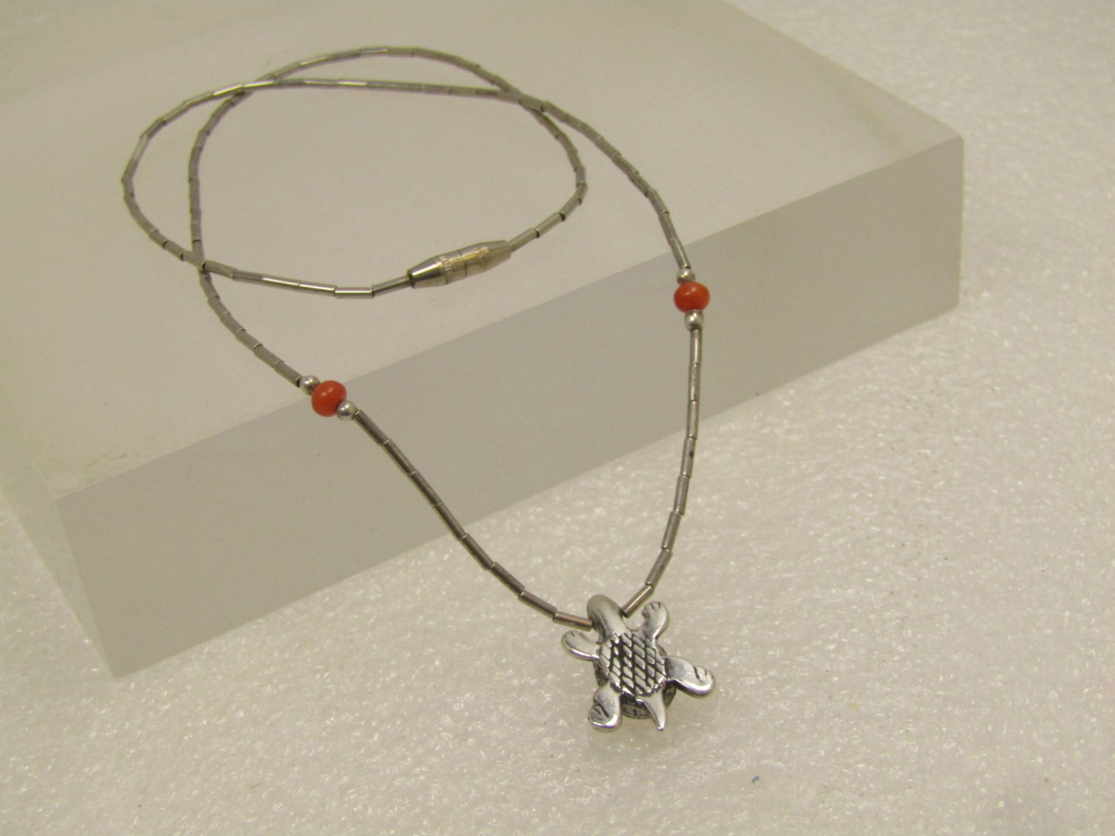 Vintage Sterling Southwestern Turquoise Necklace with Coral, 15" 1980's-1980's - 5