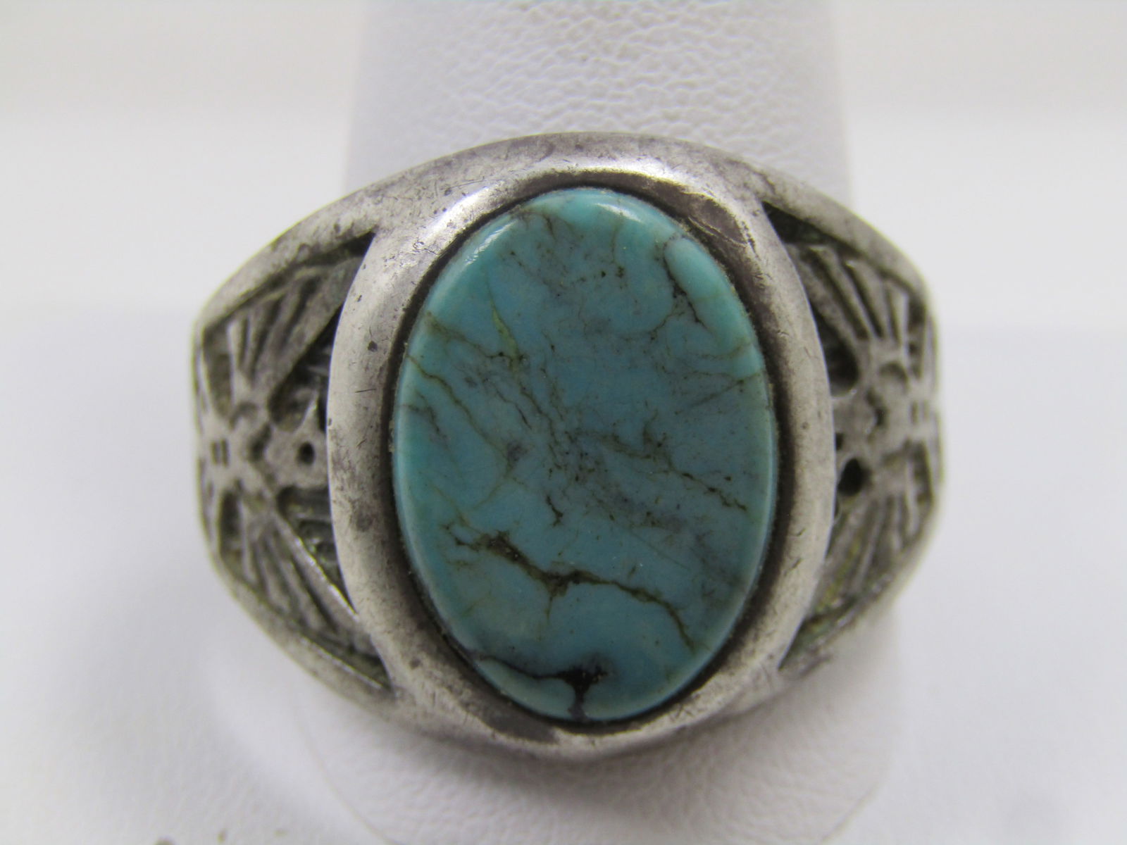 Vintage Sterling Southwestern Turquoise Thunderbird Ring, Sz. 15, 1970's-1980's, Signed WM: Title: Vintage Sterling Southwestern Turquoise Thunderbird Ring, Sz. 15, 1970's-1980's, Signed WM Description: Vintage Sterling Southwestern Turquoise Thunderbird Ring, Sz. 15, 1970's-1980's. This has
