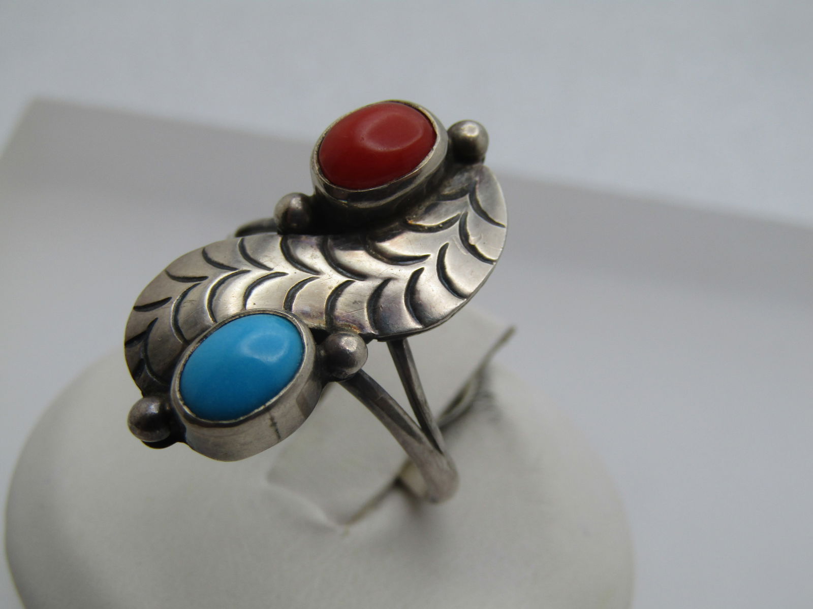 Vintage Sterling Southwestern Turquoise Coral Ring, Sz. 9, 1970's-1980's, Signed - 3