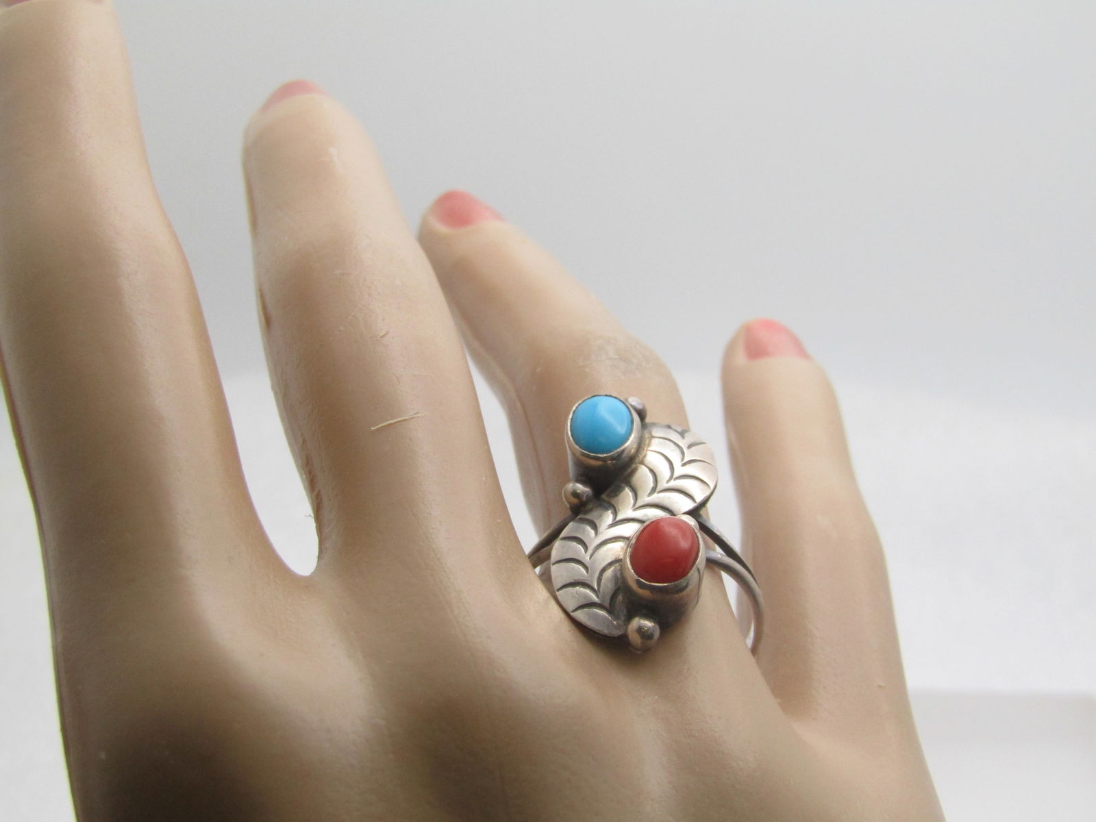 Vintage Sterling Southwestern Turquoise Coral Ring, Sz. 9, 1970's-1980's, Signed - 6