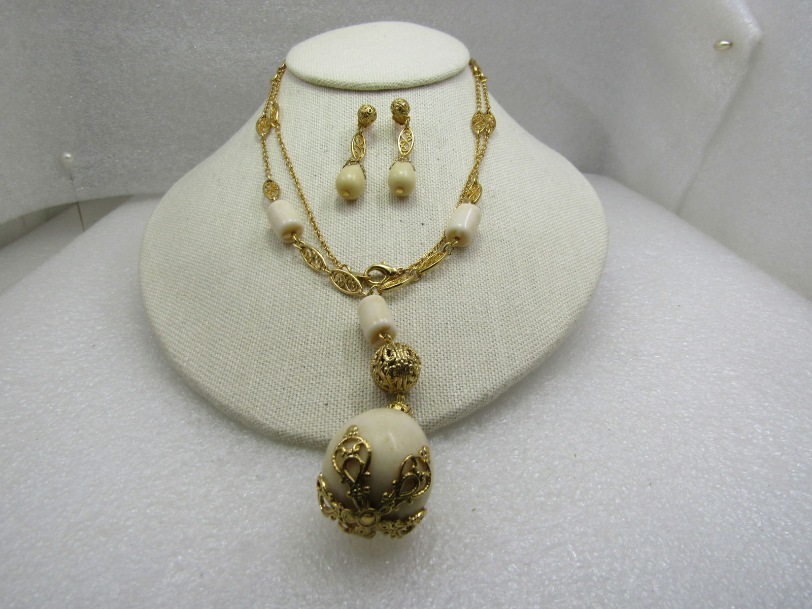 Vintage Filigree Tan Beaded Necklace& Earring Set, Signed Avon C.I. - 2