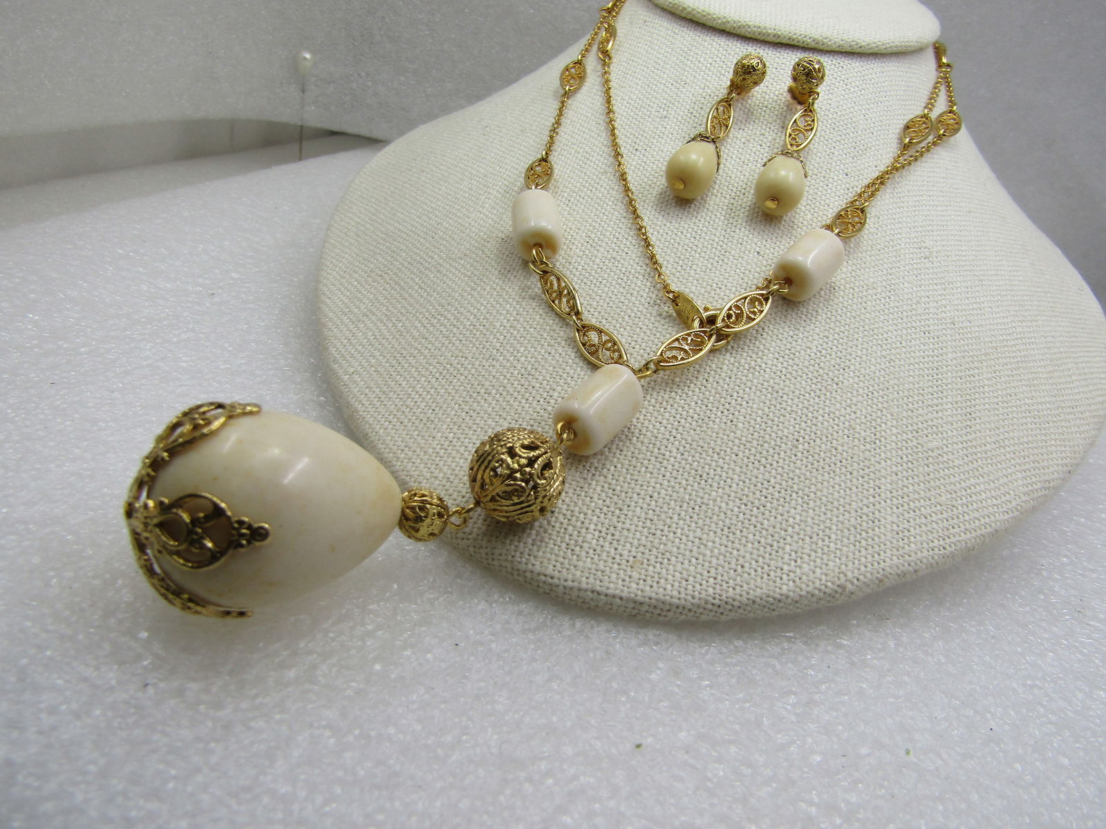 Vintage Filigree Tan Beaded Necklace& Earring Set, Signed Avon C.I. - 4