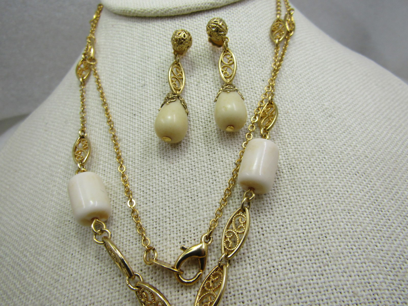Vintage Filigree Tan Beaded Necklace& Earring Set, Signed Avon C.I. - 5