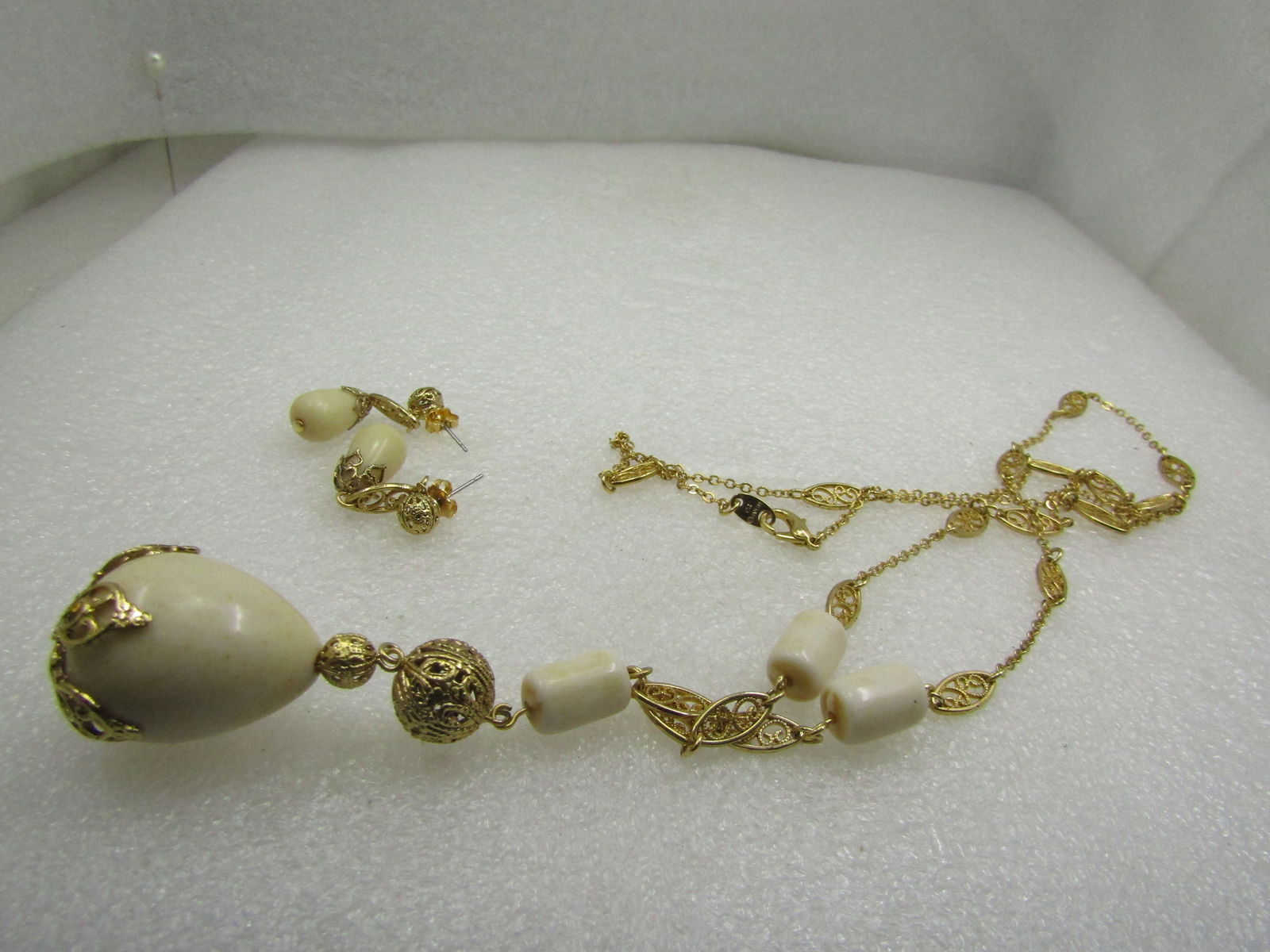 Vintage Filigree Tan Beaded Necklace& Earring Set, Signed Avon C.I. - 6