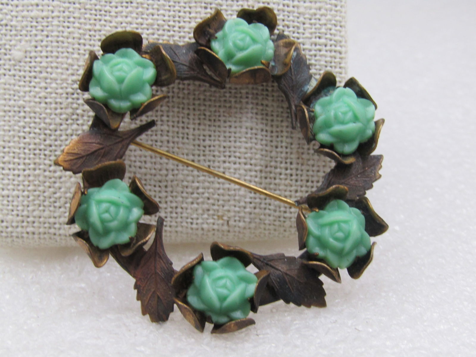 Vintage Green Rose Blossom & Leaves Circle Brooch 1920's-1930's, 2.25" (1 of 7)