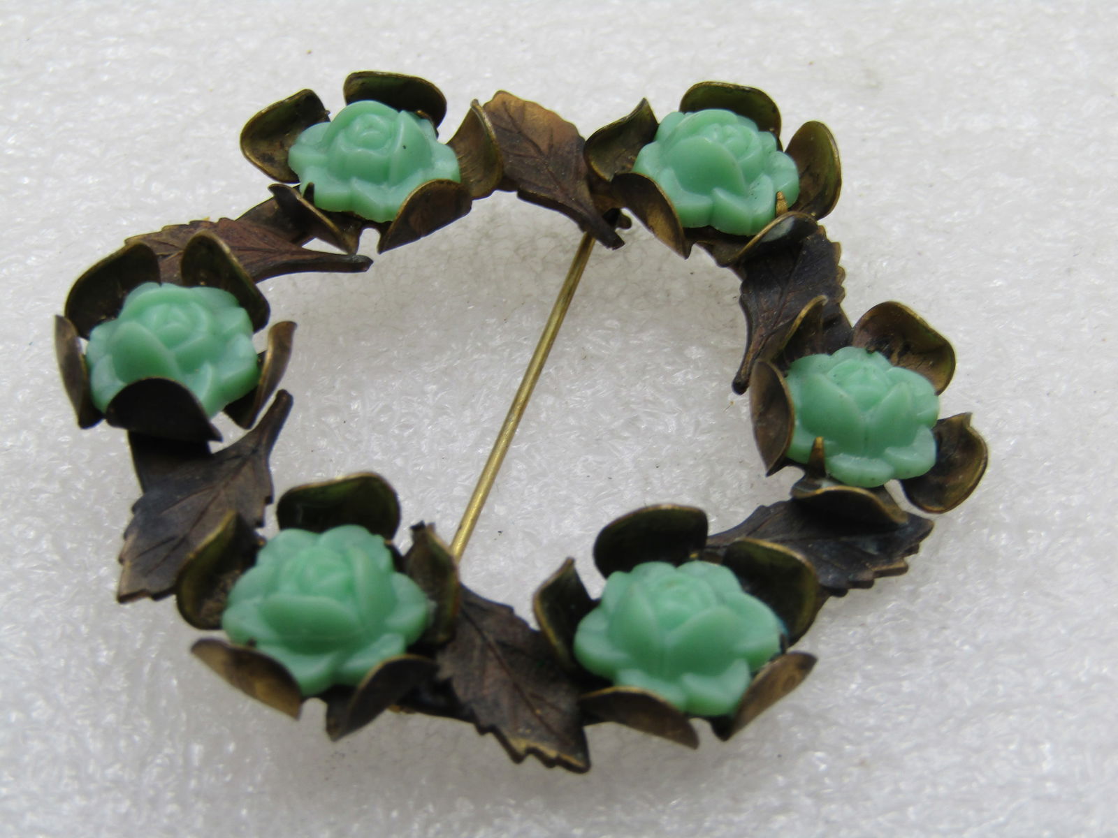 Vintage Green Rose Blossom & Leaves Circle Brooch 1920's-1930's, 2.25" - 2