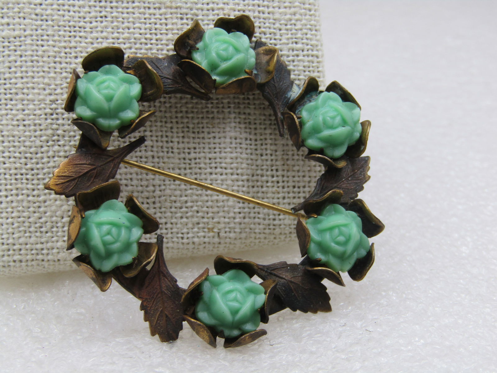 Vintage Green Rose Blossom & Leaves Circle Brooch 1920's-1930's, 2.25" - 3
