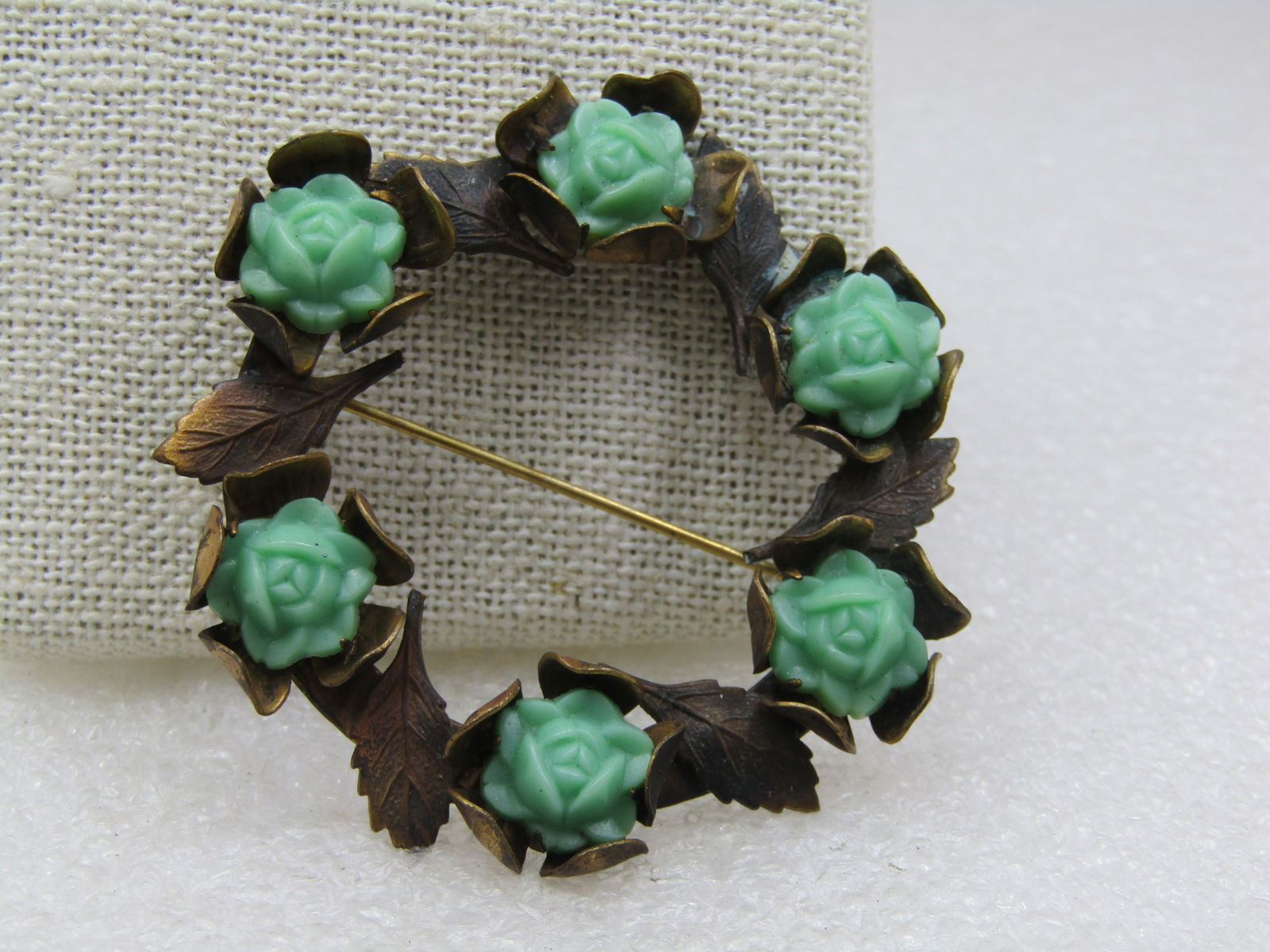 Vintage Green Rose Blossom & Leaves Circle Brooch 1920's-1930's, 2.25" - 4