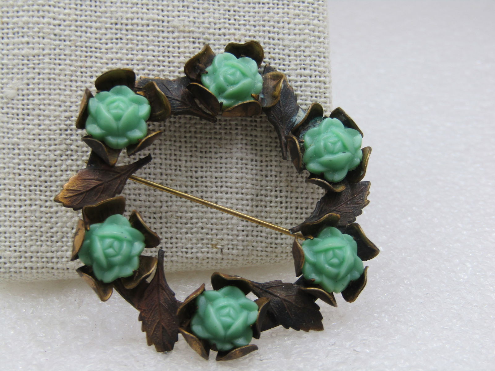 Vintage Green Rose Blossom & Leaves Circle Brooch 1920's-1930's, 2.25" - 5