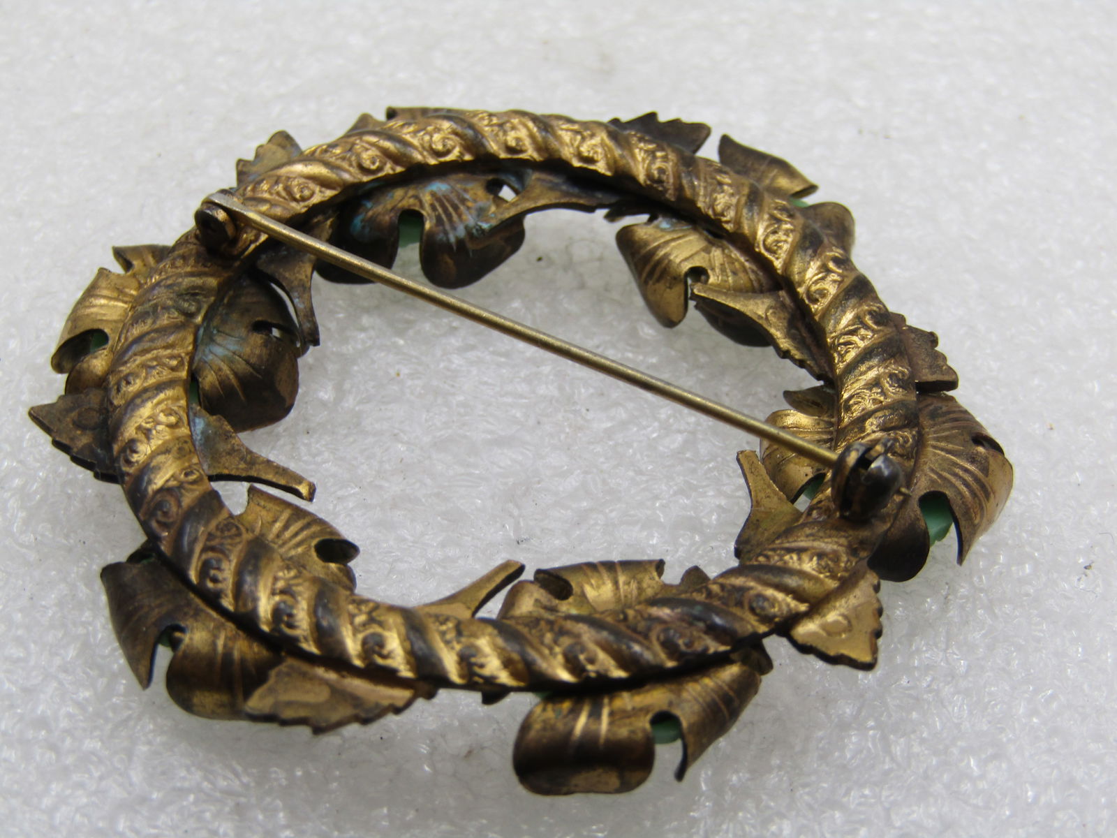 Vintage Green Rose Blossom & Leaves Circle Brooch 1920's-1930's, 2.25" - 7