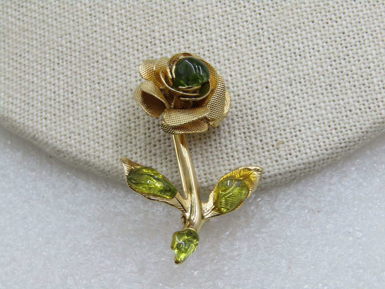 Vintage Rose Brooch, Green Stones, 1960's, 1.5" - 2