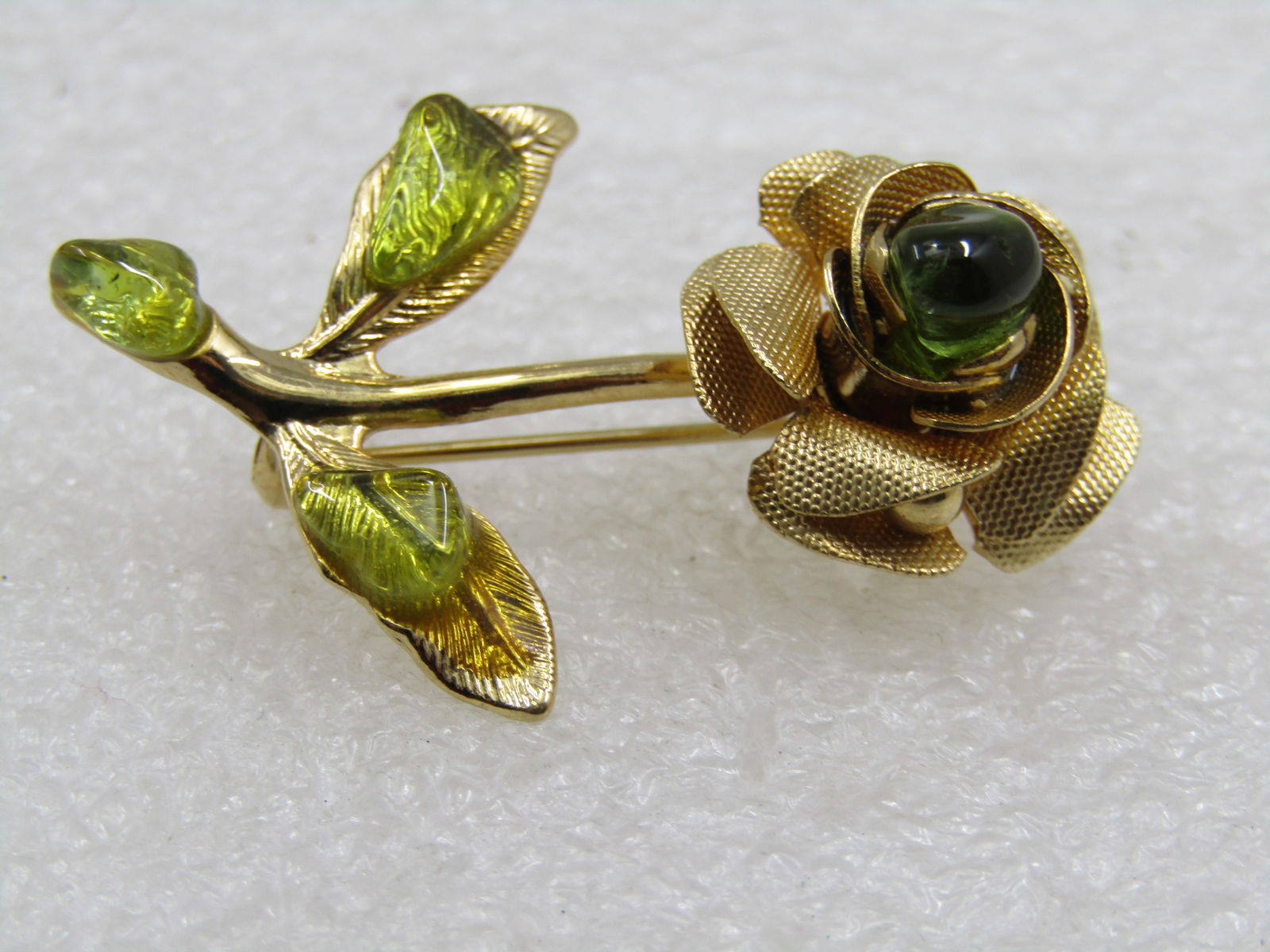 Vintage Rose Brooch, Green Stones, 1960's, 1.5" - 3