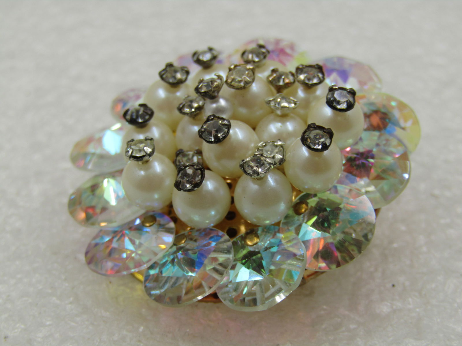 Vintage Rhinestone & Faux Pearl Round Brooch, Aurora Borealis, 1950's- 1960's - 2