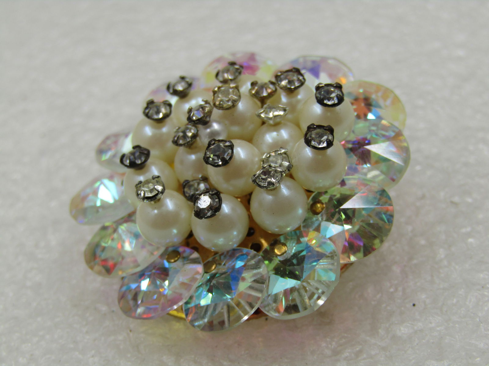 Vintage Rhinestone & Faux Pearl Round Brooch, Aurora Borealis, 1950's- 1960's - 4