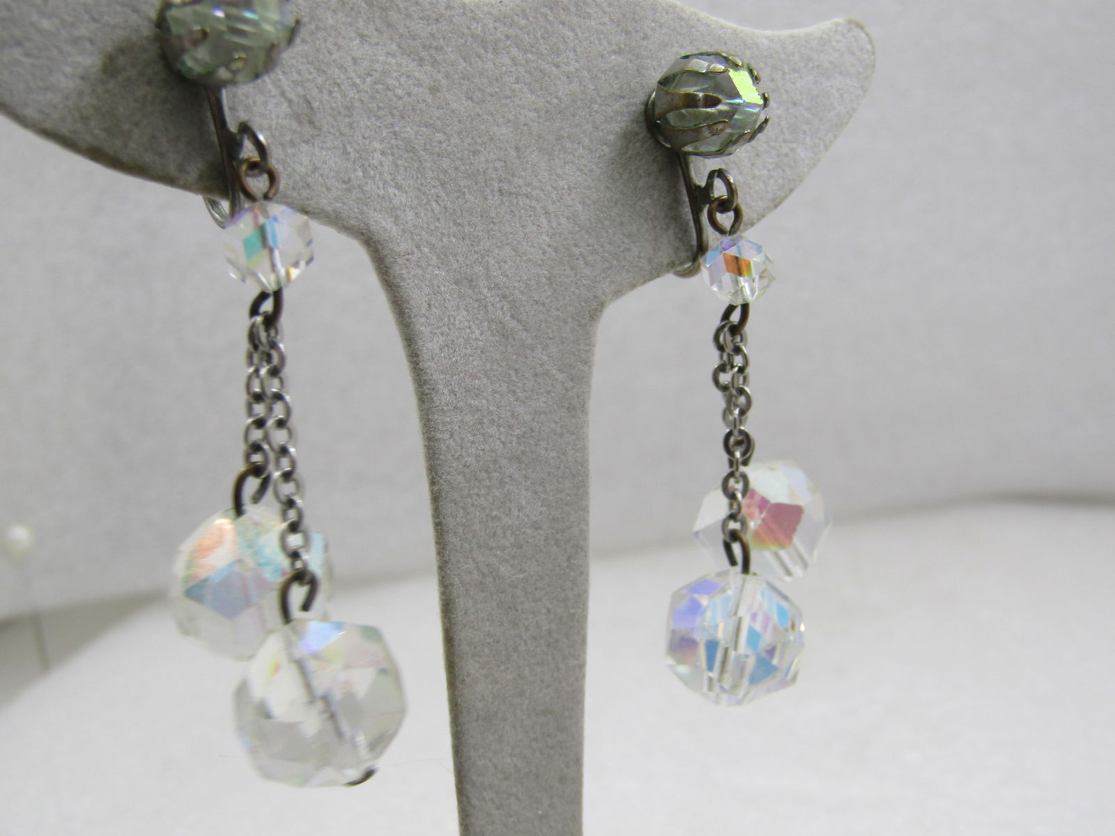 Vintage Crystal Stud and Dangle Beaded Earrings, Clip, 1940's - 3