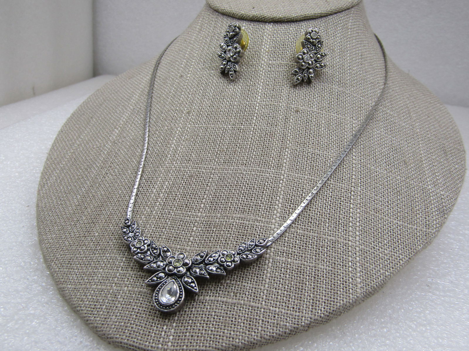Vintage Faux Marcasite & CZ Necklace & Earrings Set, 18" - 2