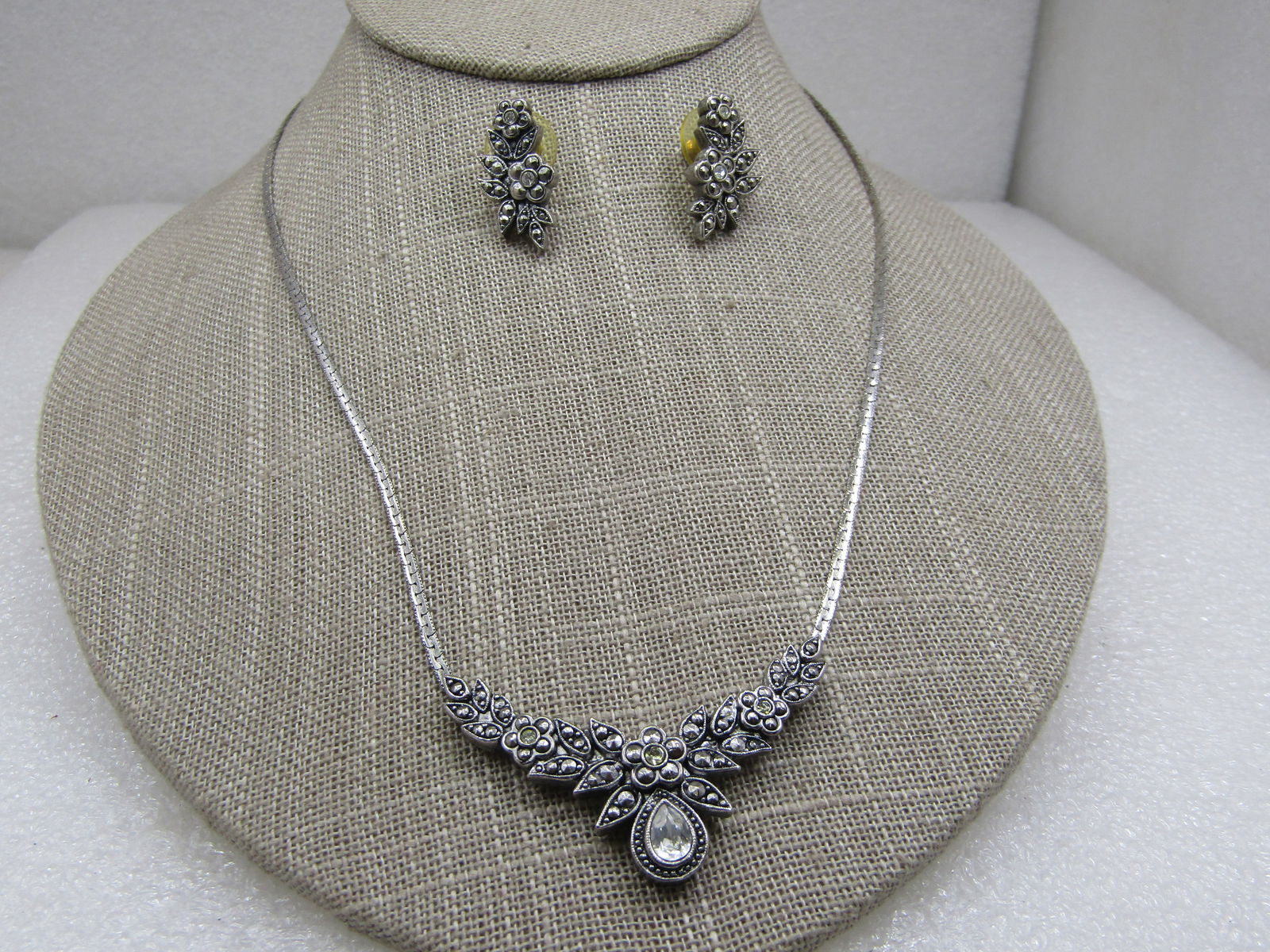 Vintage Faux Marcasite & CZ Necklace & Earrings Set, 18" - 3