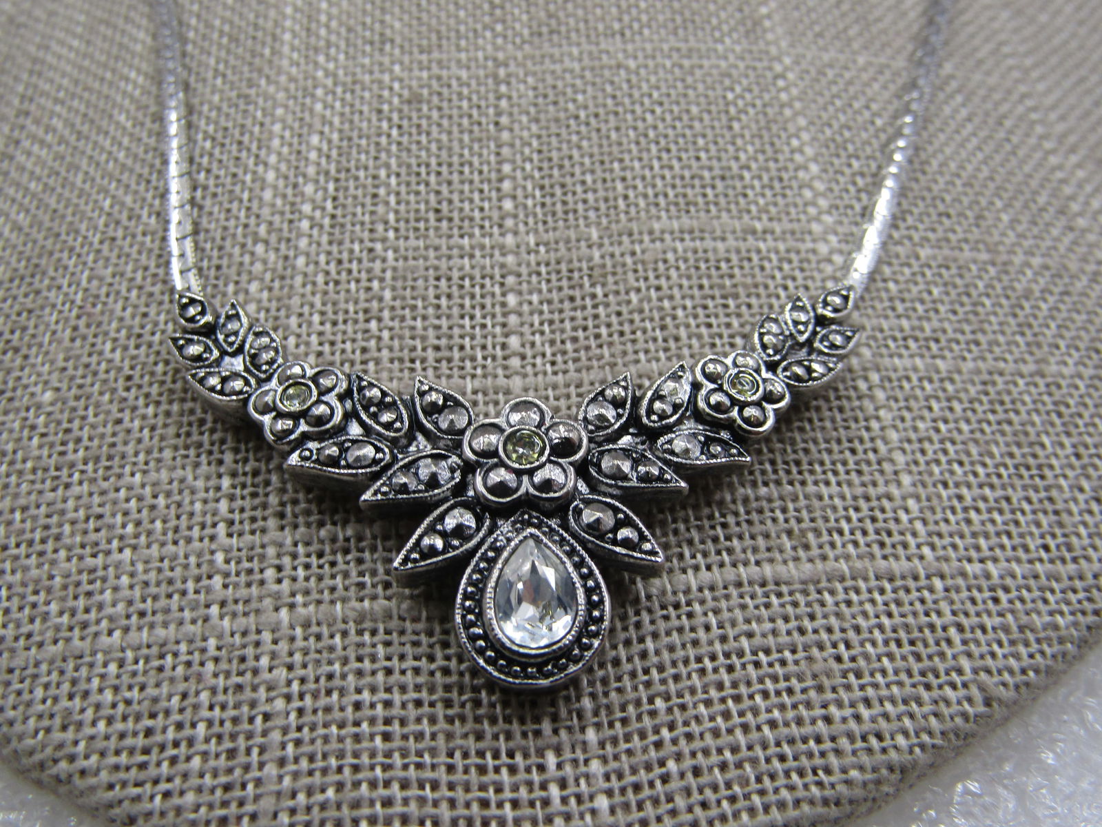 Vintage Faux Marcasite & CZ Necklace & Earrings Set, 18" - 4