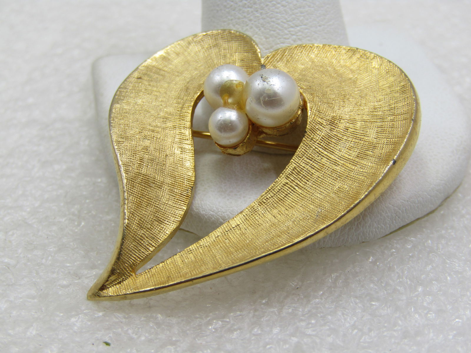 Vintage Heart & Faux Pearl Brooch, Offset Mod Design, 2" - 3