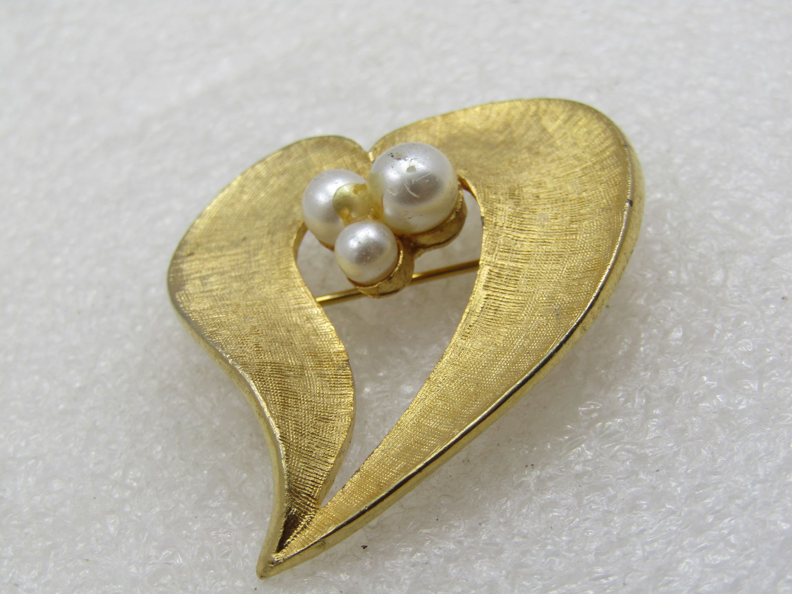 Vintage Heart & Faux Pearl Brooch, Offset Mod Design, 2" - 5