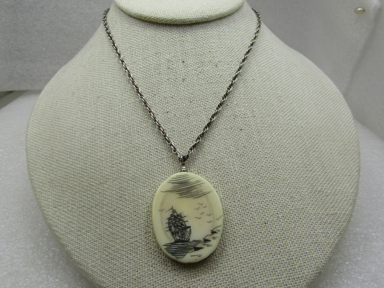 Vintage Sterling Scrimshaw Ship At Sea Necklace, 20" - 2