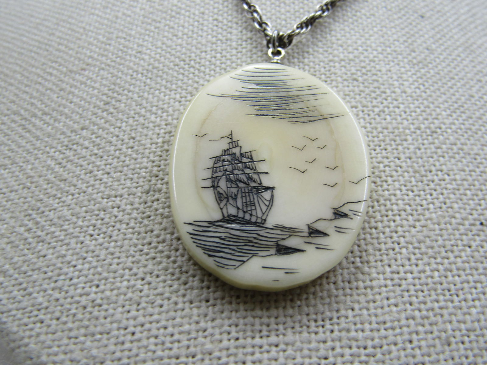 Vintage Sterling Scrimshaw Ship At Sea Necklace, 20" - 3