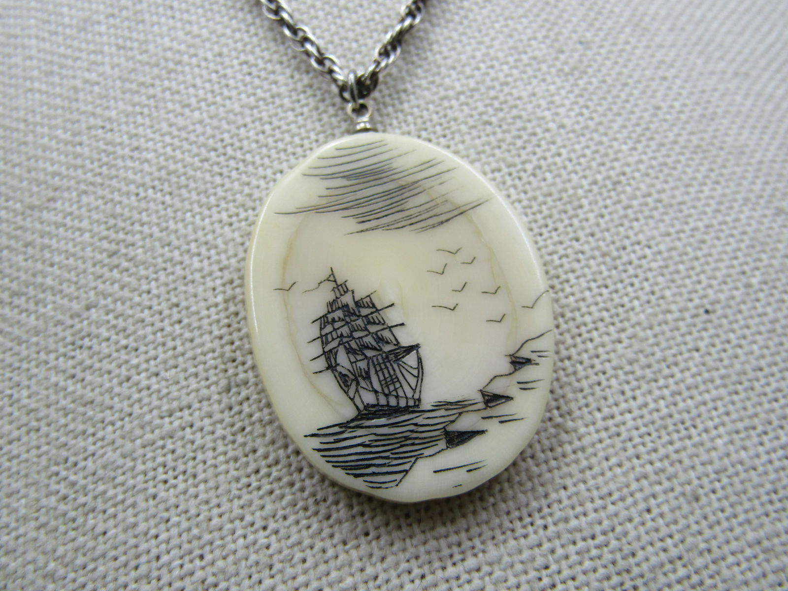 Vintage Sterling Scrimshaw Ship At Sea Necklace, 20" - 4