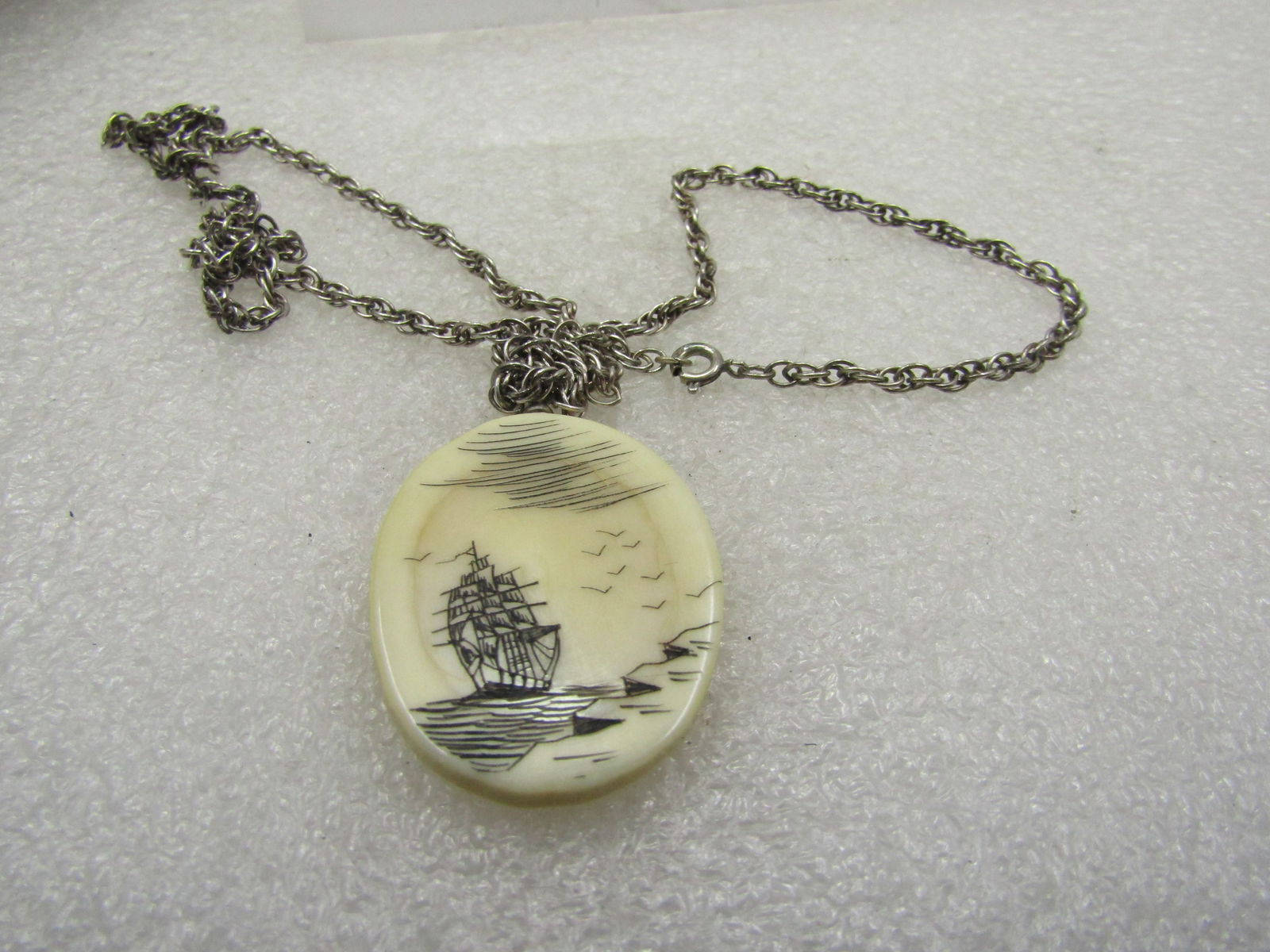 Vintage Sterling Scrimshaw Ship At Sea Necklace, 20" - 6