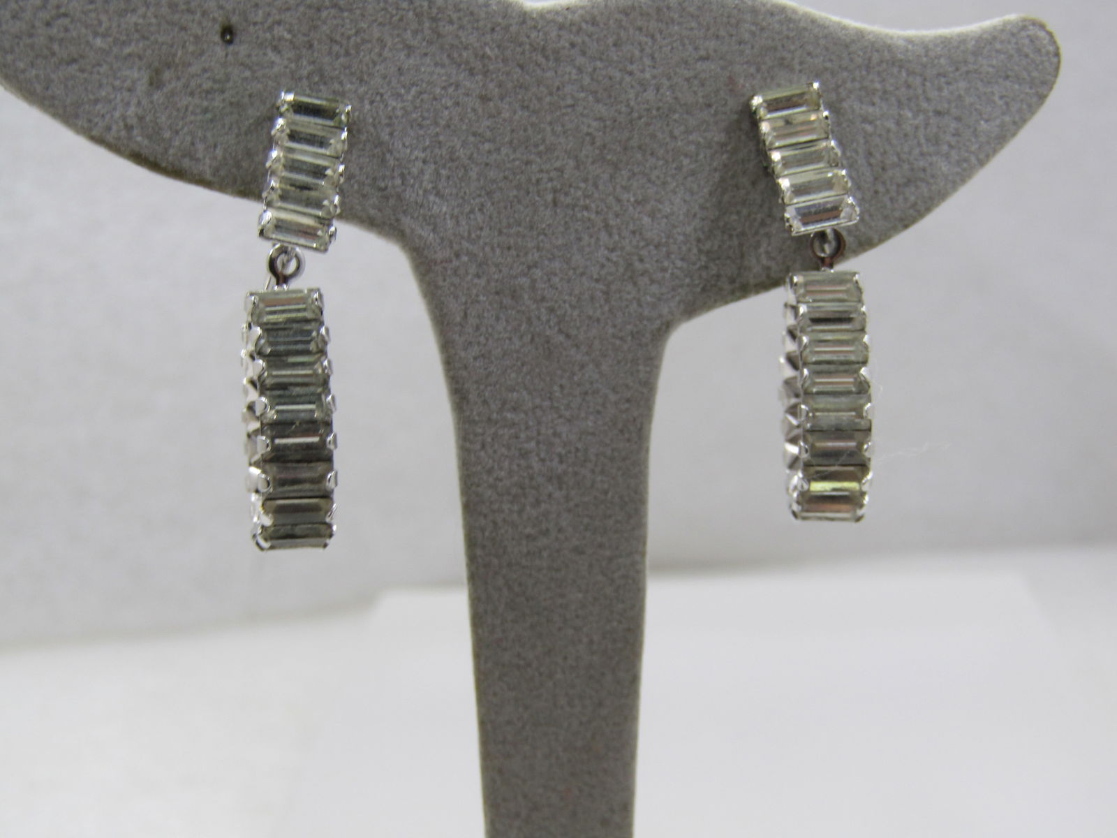 Vintage Rhinestone Baguette Clip Earrings, Stud & Drop Hoop, 1.25" long. - 2