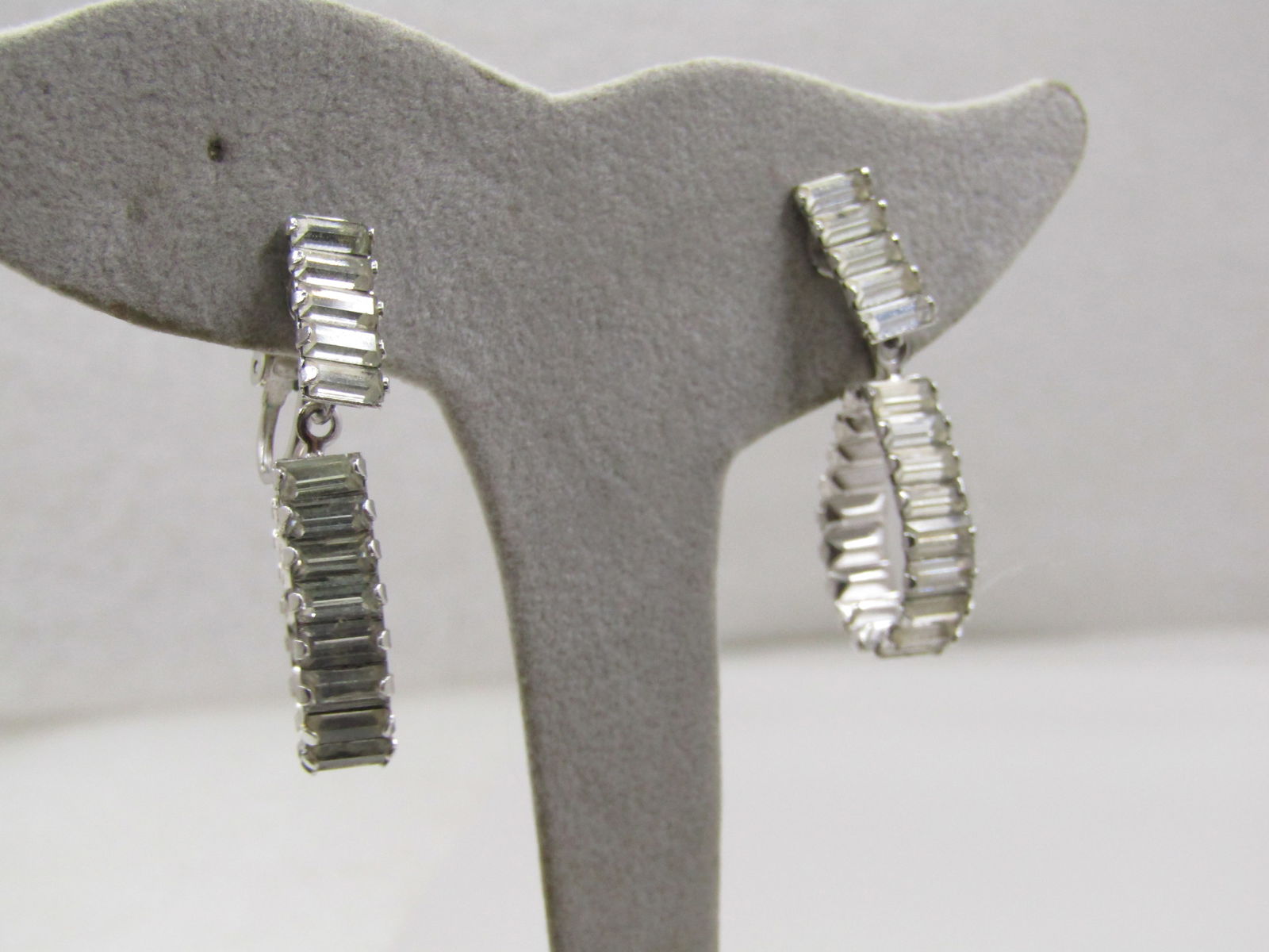 Vintage Rhinestone Baguette Clip Earrings, Stud & Drop Hoop, 1.25" long. - 3