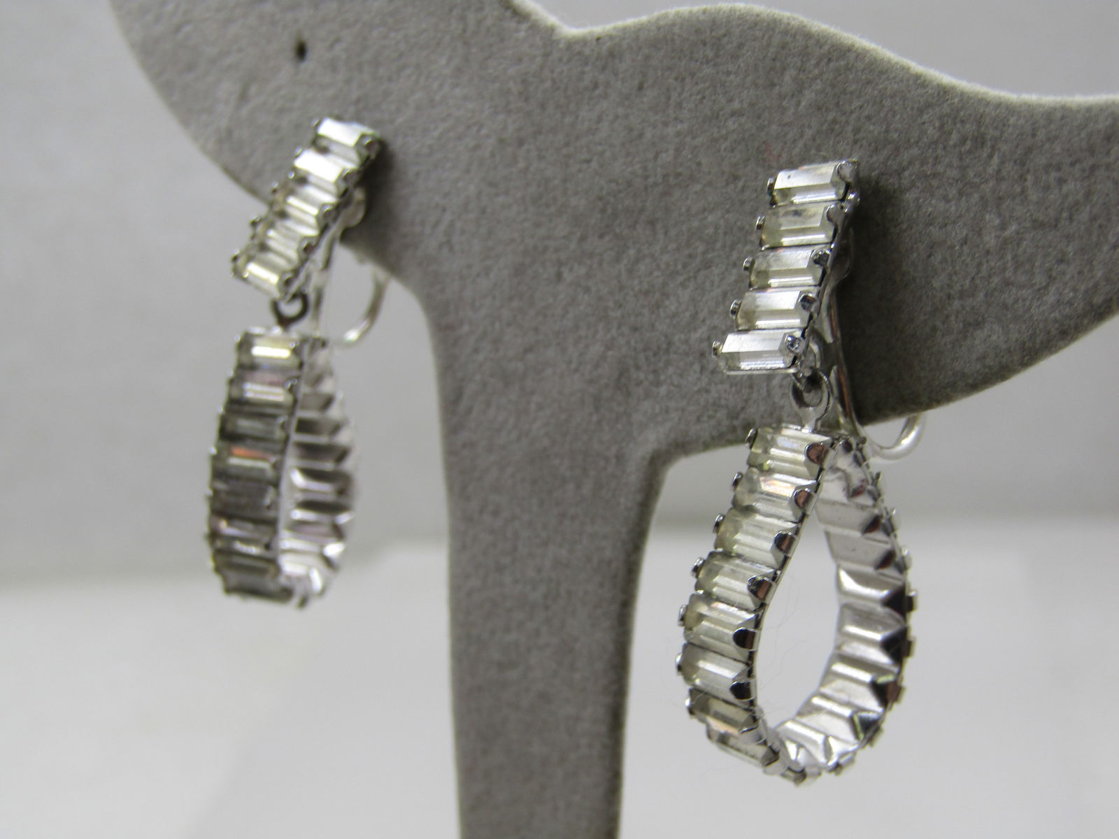 Vintage Rhinestone Baguette Clip Earrings, Stud & Drop Hoop, 1.25" long. - 4