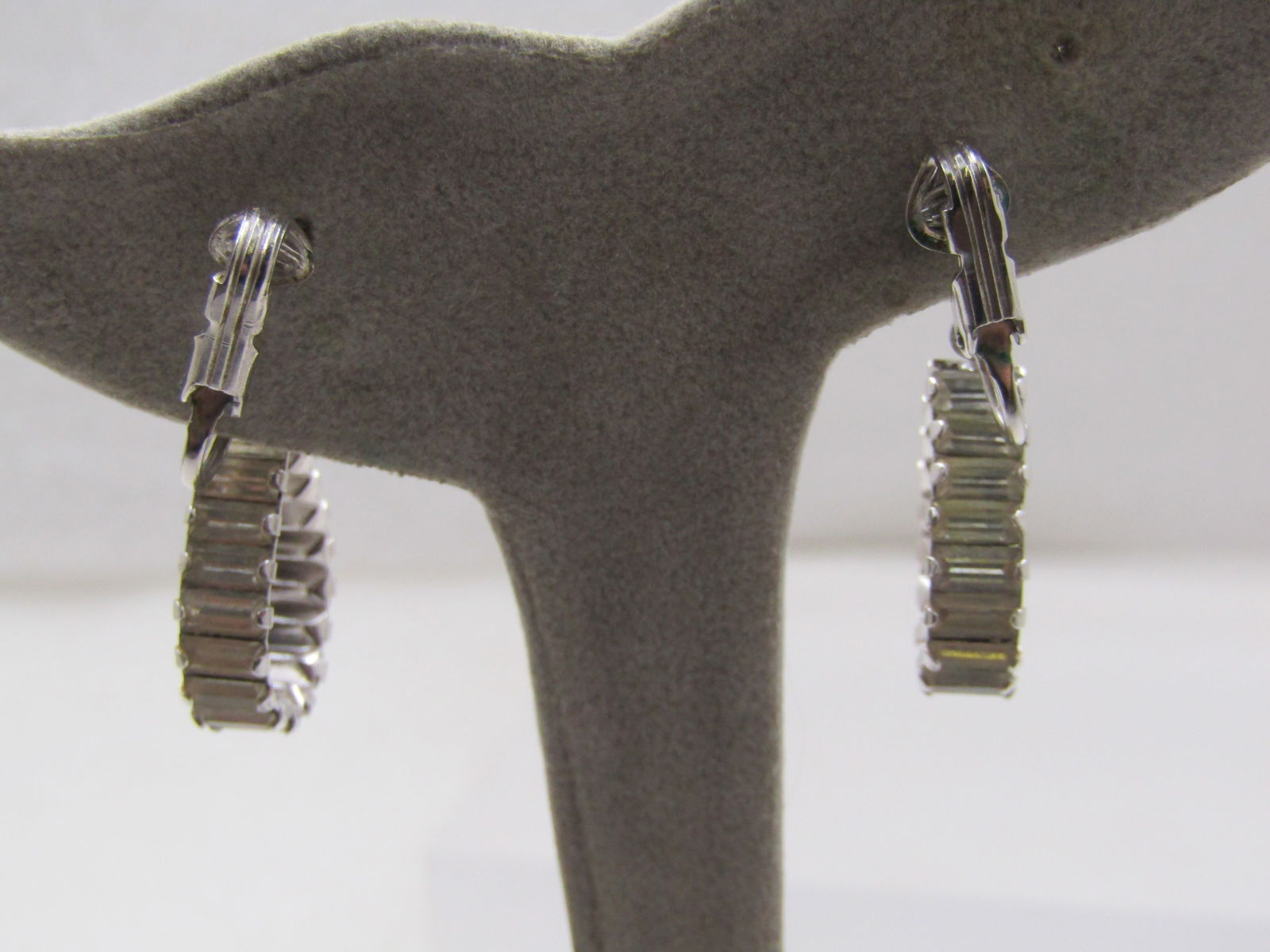 Vintage Rhinestone Baguette Clip Earrings, Stud & Drop Hoop, 1.25" long. - 5