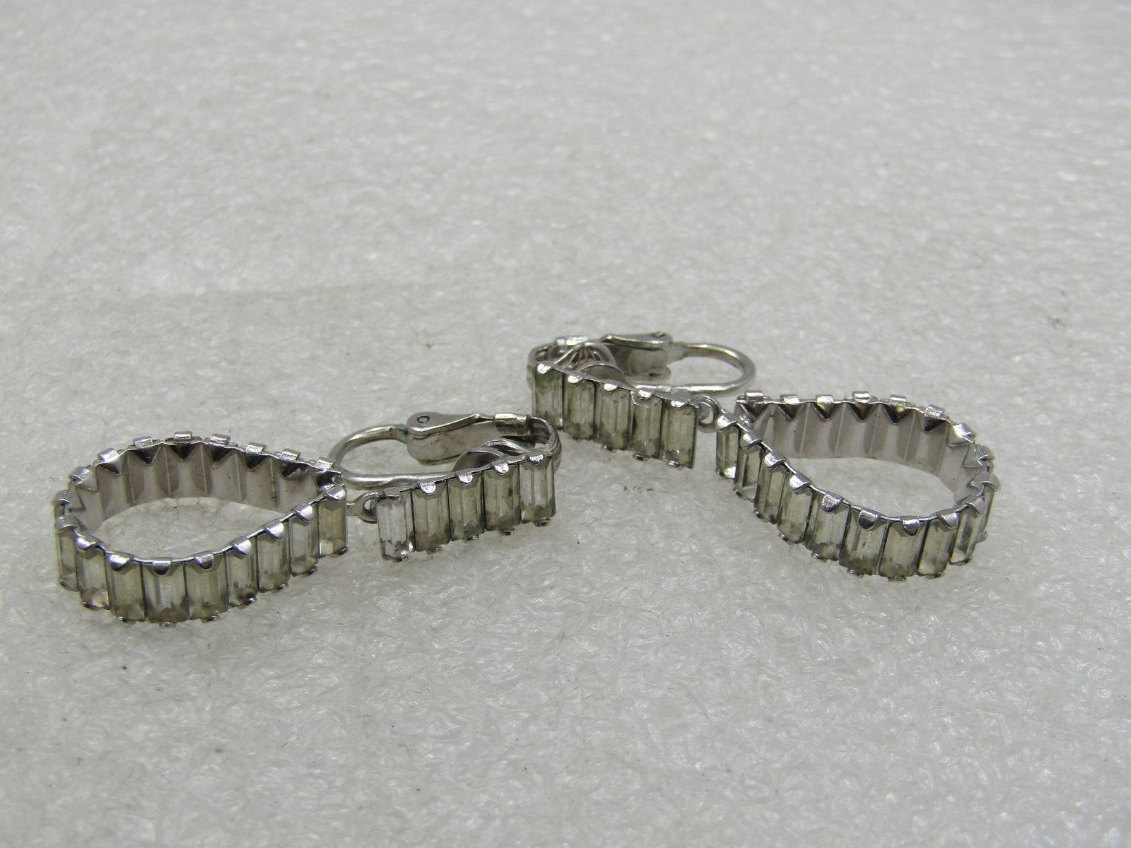 Vintage Rhinestone Baguette Clip Earrings, Stud & Drop Hoop, 1.25" long. - 6