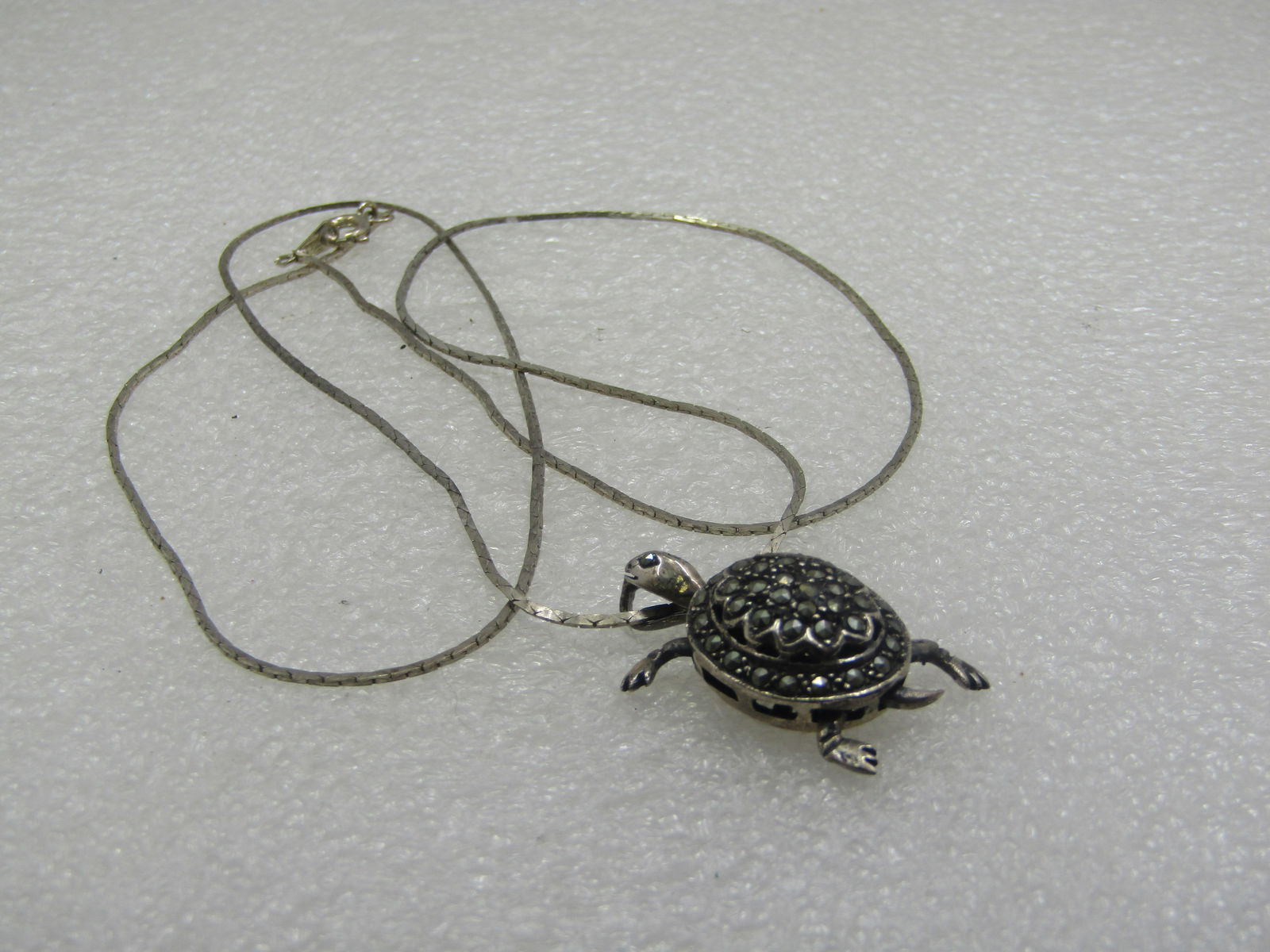 Vintage Sterling Articulated Marcasite Turtle Pendant on 24" Chain - 6