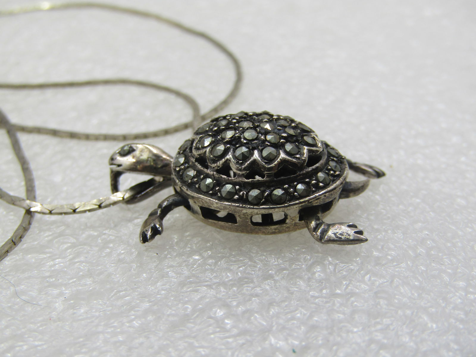 Vintage Sterling Articulated Marcasite Turtle Pendant on 24" Chain - 7