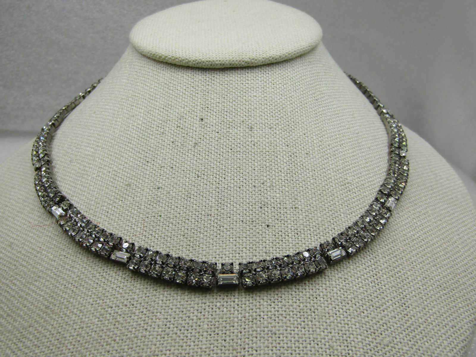 Vintage Clear Rhinestone Necklace, Curved Front, 16", 1940's: Title: Vintage Clear Rhinestone Necklace, Curved Front, 16", 1940's Description: Vintage Clear Rhinestone Necklace, Curved Front, 16", 1940's. This has a double row of round stones set in square