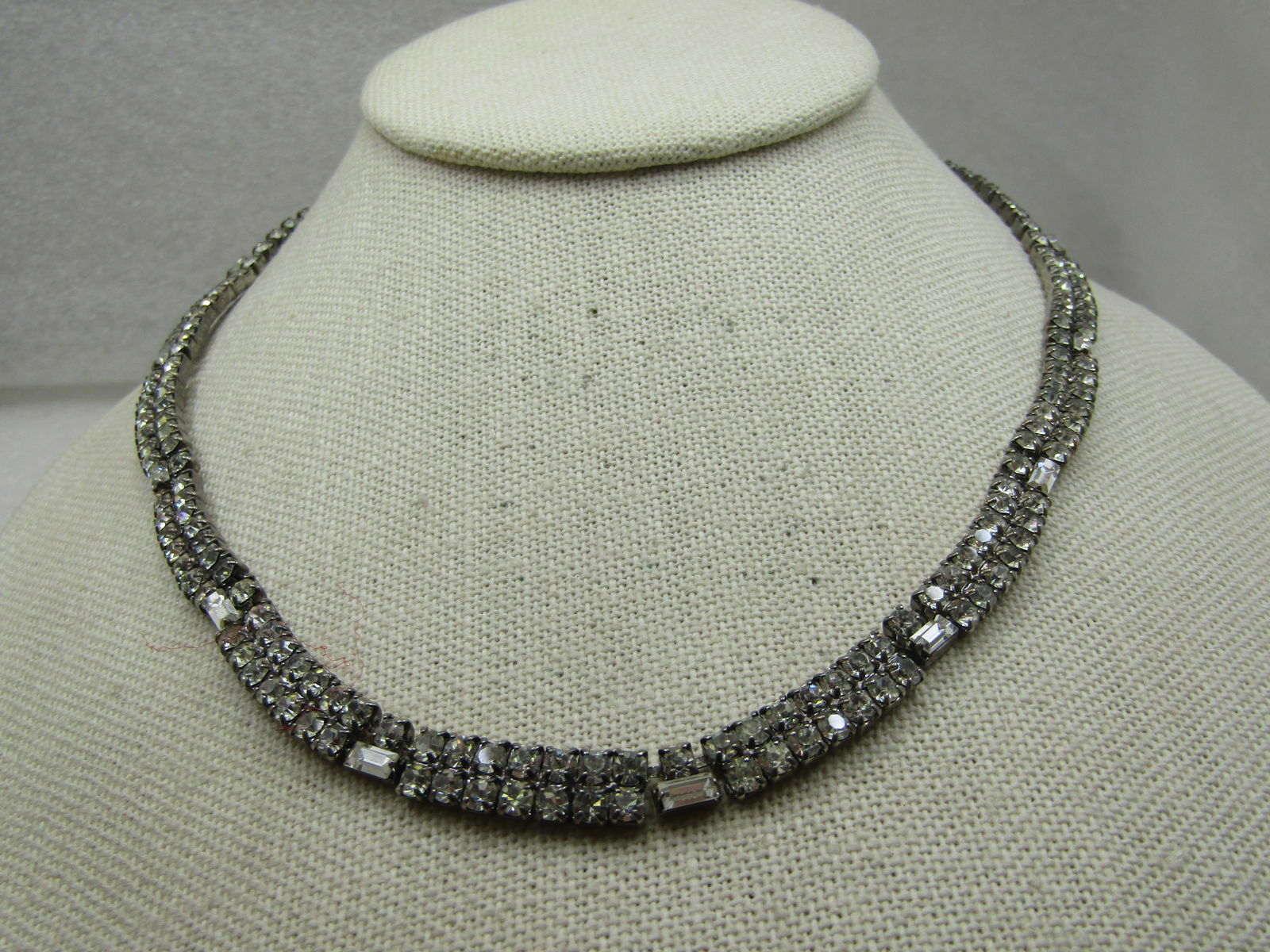 Vintage Clear Rhinestone Necklace, Curved Front, 16", 1940's - 2