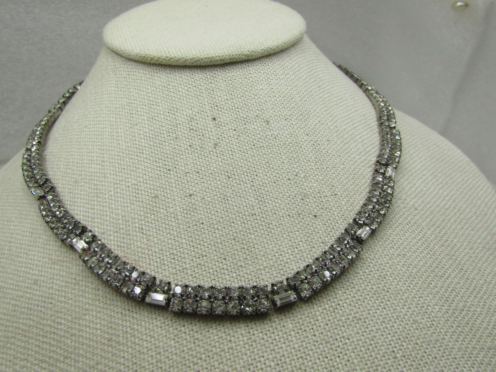 Vintage Clear Rhinestone Necklace, Curved Front, 16", 1940's - 3