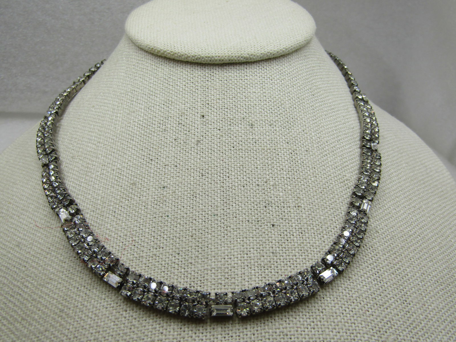 Vintage Clear Rhinestone Necklace, Curved Front, 16", 1940's - 4